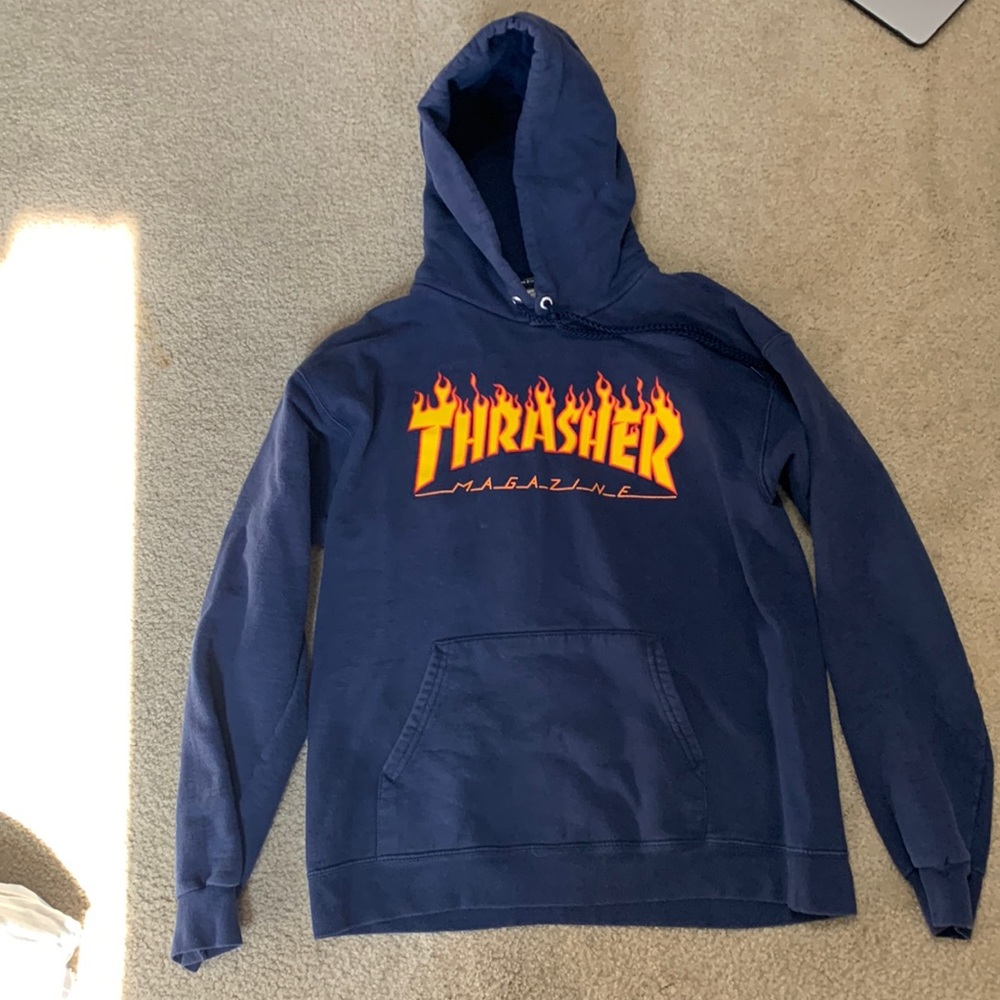 Navy Thrasher hoodie with flame writing
